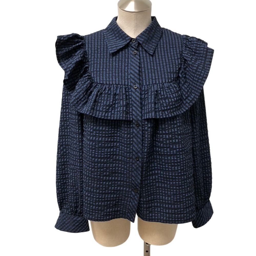 Munthe Ryder Blouse Womens 38 Womens Navy Blue Check Ruffle Seersucker‎ Top